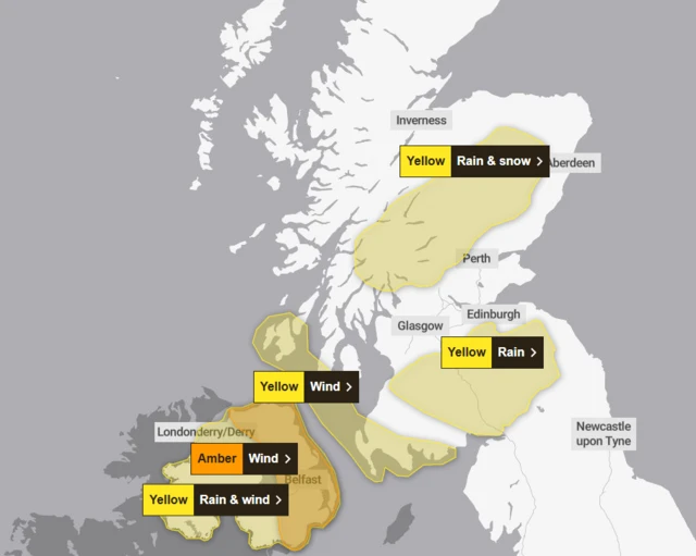A labelled map showing amber and yellow warnings issued by the Met Office for the northern parts of the UK today