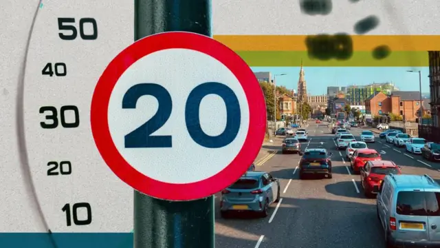 A composite graphic showing a 20mph road sign, with cars on the right, and a speedometer on the left.