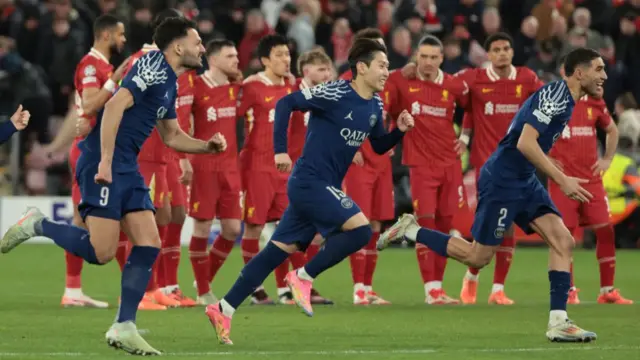 Paris St-Germain celebrate beating Liverpool in the Champions League last 16