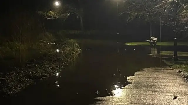A large puddle is seen in a park