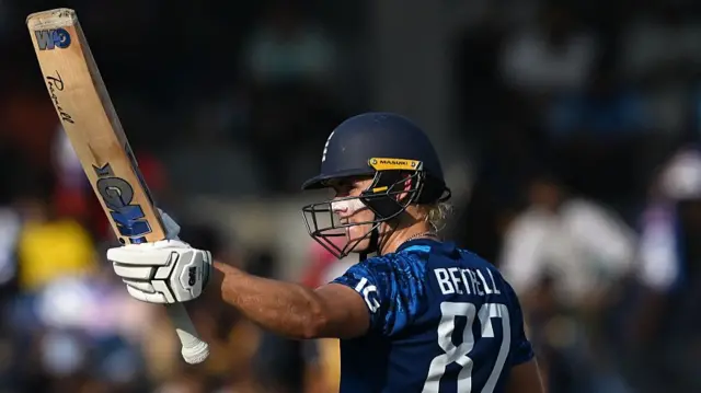 England's Jacob Bethell celebrates after scoring a half-century
