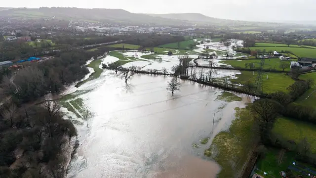 An aerial shot of the River Otter's burst banks