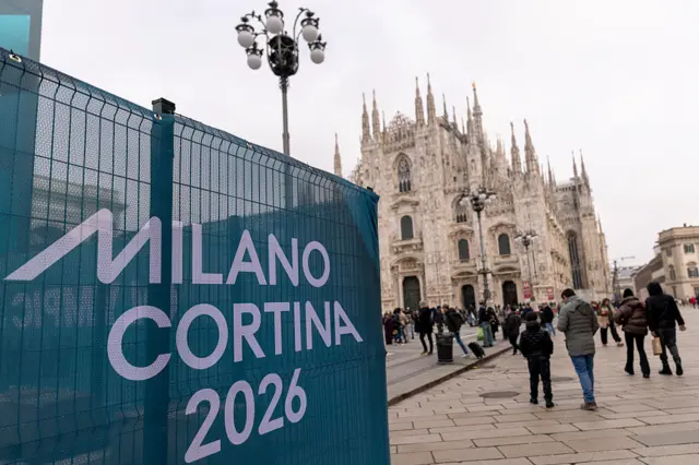 Signage for the Milano Cortina 2026 Winter Olympics stands at Piazza Duomo on January 25, 2026 in Milan, Italy.