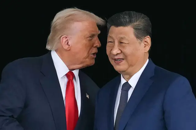 Donald Trumo (L) shakes hands with Chinese President Xi Jinping (R) as he whispers in his ear