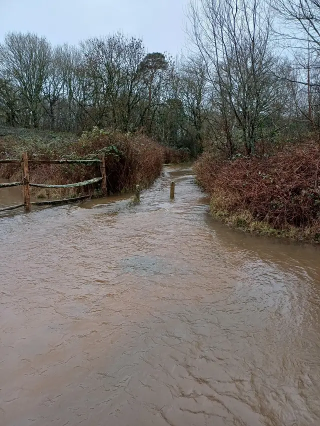 A view of the flooded grounds of Blashford Lakes Nature Reserve and Education Centre. The water level is submerging a fence.