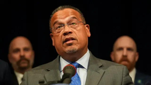 Minnesota Attorney General Keith Ellison speaks during a press conference.