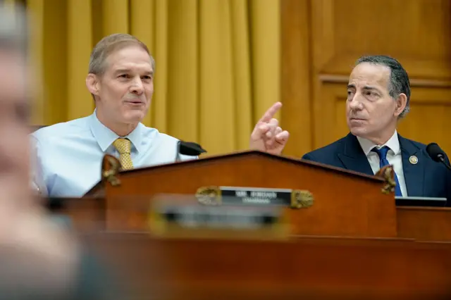 Representative Jim Jordan, a Republican from Ohio and chairman of the House Judiciary Committee, left, and Representative Jamie Raskin, a Democrat from Maryland and ranking member of the House Judiciary Committee