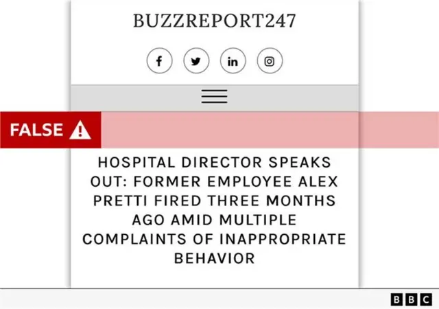 Headline on Buzzreport247 reads: Hospital director speaks out: former emploee Alex Pretti fired three months ago amid multiple complaints of innapropriate behaviour