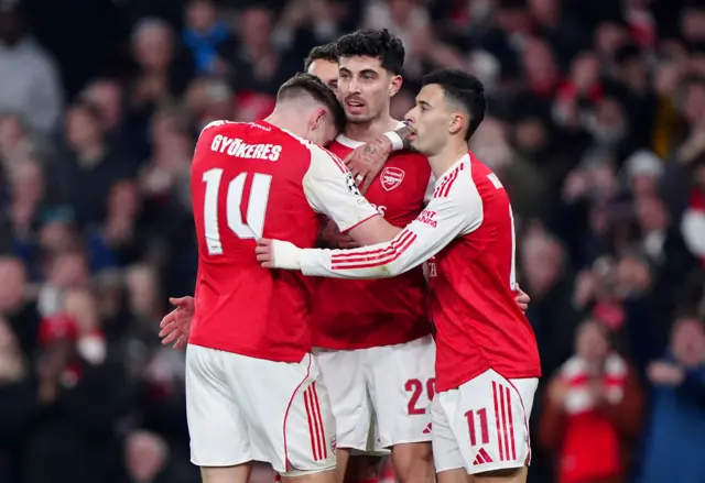 Arsenal's Kai Havertz (centre) celebrates with team-mates