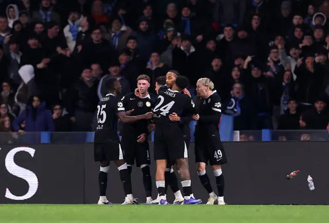 Joao Pedro of Chelsea celebrates with teammates after scoring his team's third goal d