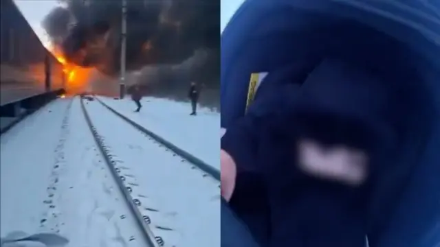 People escape the train after it was struck, including a woman carrying a baby