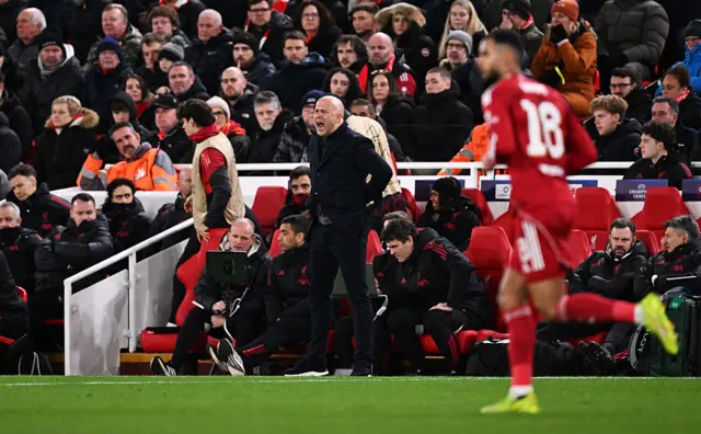 Arne Slot, Manager of Liverpool, reacts during the UEFA Champions League 2025/26 League Phase MD8 match between Liverpool FC and Qarabag FK at Anfield on January 28, 2026 in Liverpool, England.