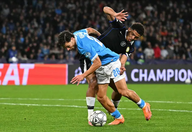 Napoli's Italian midfielder #26 Antonio Vergara fights for the ball with Chelsea's French defender #29 Wesley Fofana