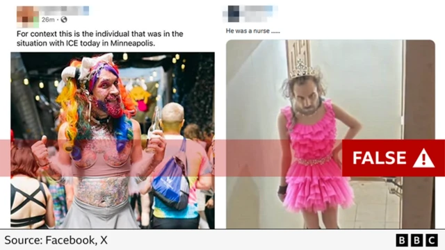 Screenshots of the two posts claiming to show Alex Pretti in drag. The pictures instead instead show Kyle Wagner and Ben Taylor