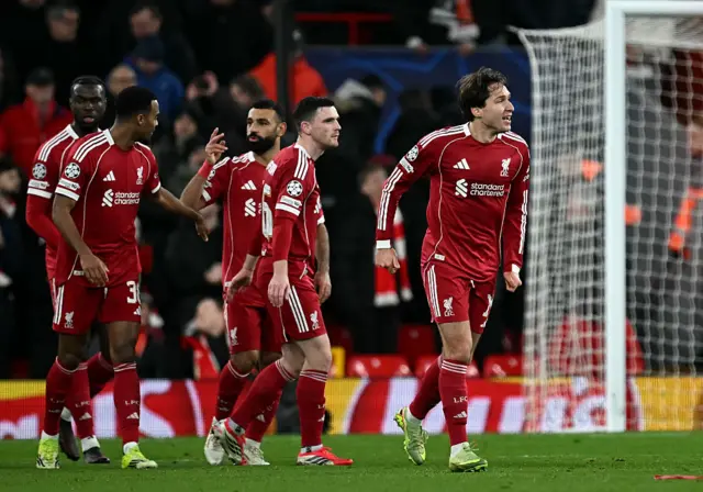 Liverpool's Italian striker #14 Federico Chiesa celebrates scoring the team's sixth goal