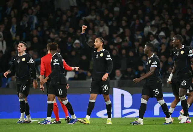 Chelsea's Brazilian striker #20 Joao Pedro celebrates scoring his team's third goal