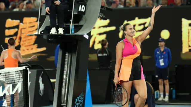 Aryna Sabalenka celebrates her semi-final victory