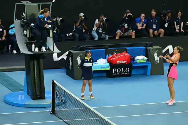 Sabalenka speaks to the umpire
