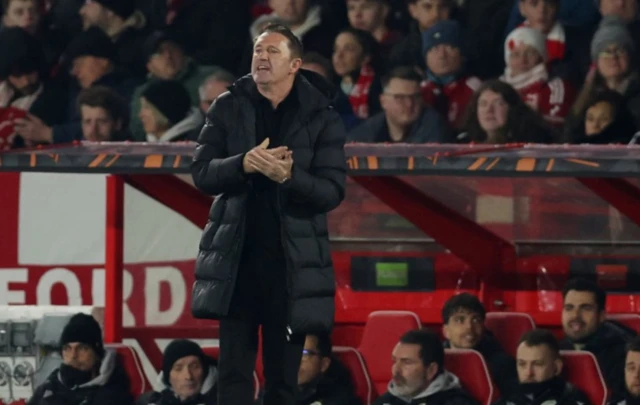 Ferencvaros coach Robbie Keane reacts