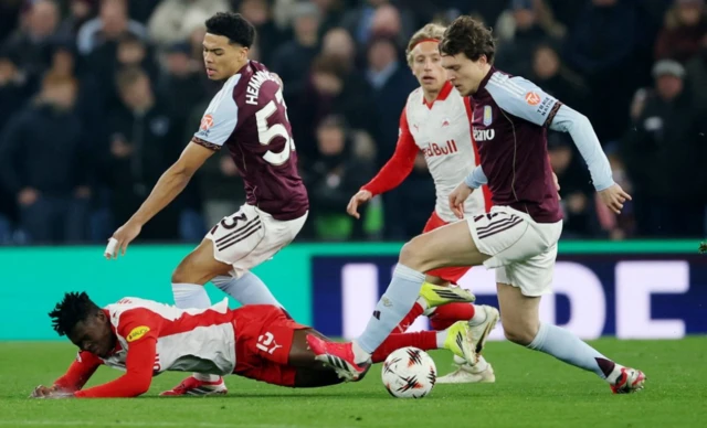 Aston Villa's Victor Lindelof in action with RB Salzburg's Karim Konate