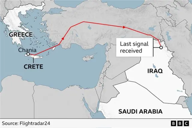 A map showing the Flighradar24 tracking data for a US Air Force E-11A BACN