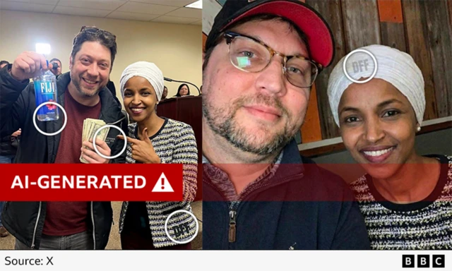 Two of the AI-generated images, a red warning label and the watermarks and scrambled text circled