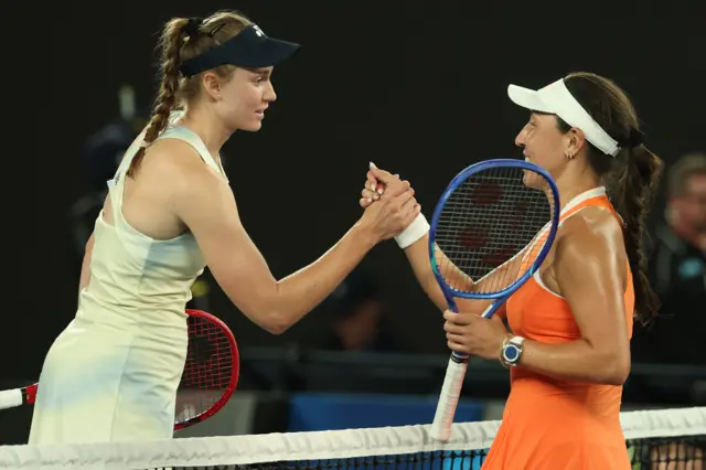 Elena Rybakina shakes hands with Jessica Pegula