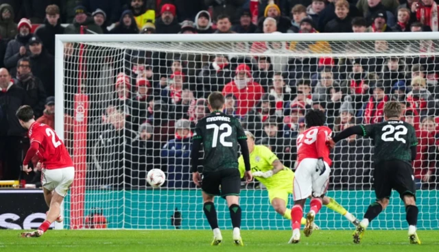 Nottingham Forest's James McAtee scoring the fourth goal