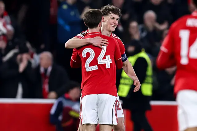Ryan Yates and James McAtee of Nottingham Forest celebrate