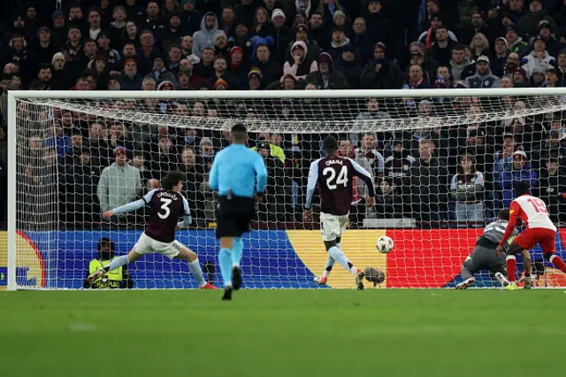 Aston Villa's Swedish defender #03 Victor Lindelof (L) scores an own goal