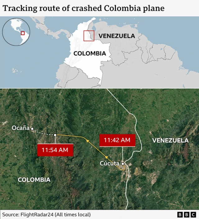 A BBC map showing the route of the Satena flight before ti came down some 12 minutes after take off