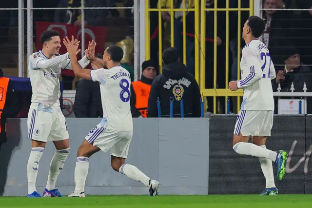Jadon Sancho of Aston Villa FC celebrates after scoring the team's first goal