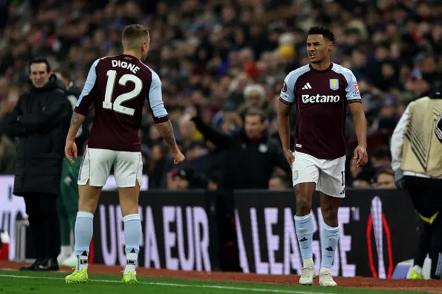 Lucas Digne talks to Aston Villa's English striker Ollie Watkins
