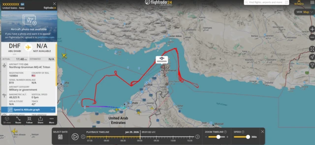 A screengrab from FlightRadar24 showing the Triton drone that left the UAE and then loitered over the Strait of Hormuz for several hours