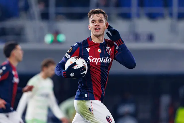 Thijs Dallinga celebrates scoring for Bologna v Celtic