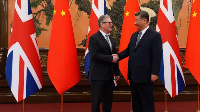 ritain's Prime Minister Keir Starmer shakes hands with Chinese President Xi Jinping ahead of a bilateral meeting during his visit to China, in Beijing, China, January 29