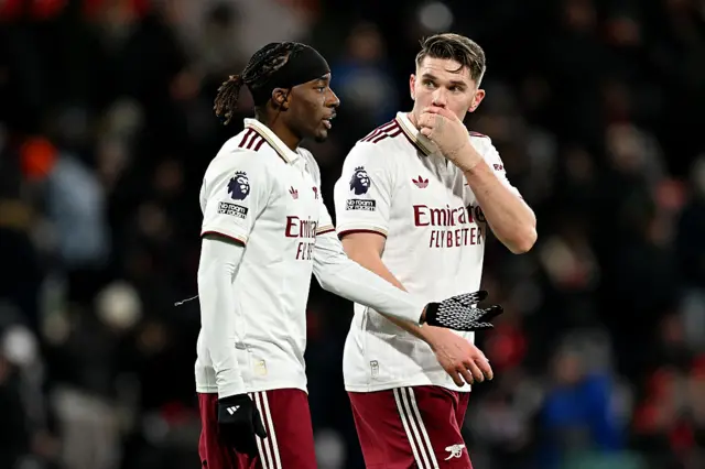 Noni Madueke and Viktor Gyoekeres of Arsenal react