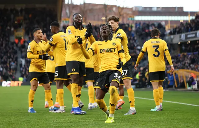 Mateus Mane of Wolverhampton Wanderers celebrates scoring his team's third goal