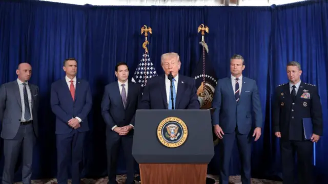 U.S. President Donald Trump holds a press conference as Secretary of Defense Pete Hegseth, U.S. Secretary of State Marco Rubio and General Dan Caine, Chairman of the Joint Chiefs of Staff