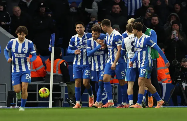 Players of Brighton & Hove Albion celebrate after teammate Yasin Ayari scores his team's second goal