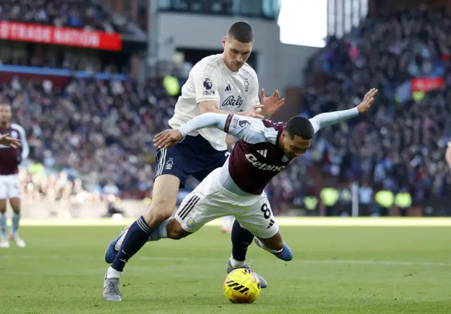 Nottingham Forest's Nikola Milenkovic (left) and Aston Villa's Youri Tielemans battle for the ball