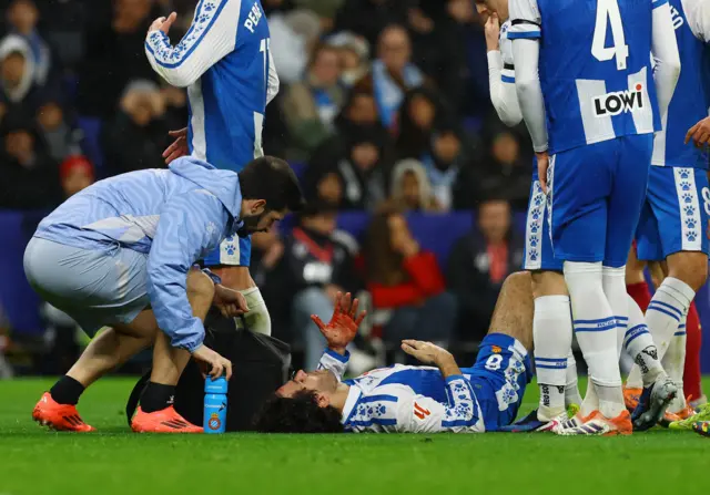 January 3, 2026 Espanyol's Leandro Cabrera receives medical attention after sustaining an injury.