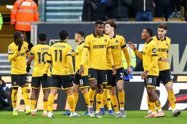 Wolverhampton Wanderers players celebrate the goal by Mateus Mane of Wolverhampton Wanderers during the Premier League match between Wolverhampton Wanderers and West Ham United at Molineux in Wolverhampton, United Kingdom, on January 3, 2026.