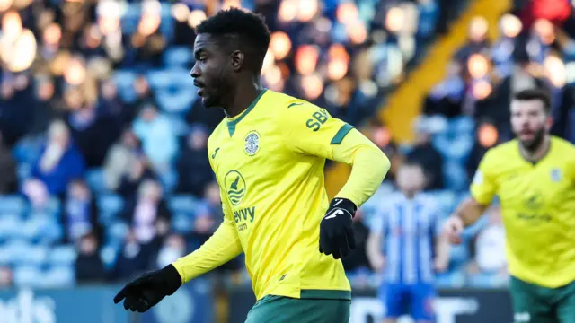 Elie Youan celebrates after scoring for Hibernian against Kilmarnock