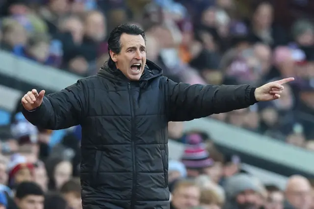 Aston Villa's Spanish manager Unai Emery gestures on the touchline