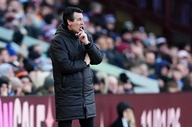 Aston Villa manager Unai Emery on the touchline during the Premier League match at Villa Park