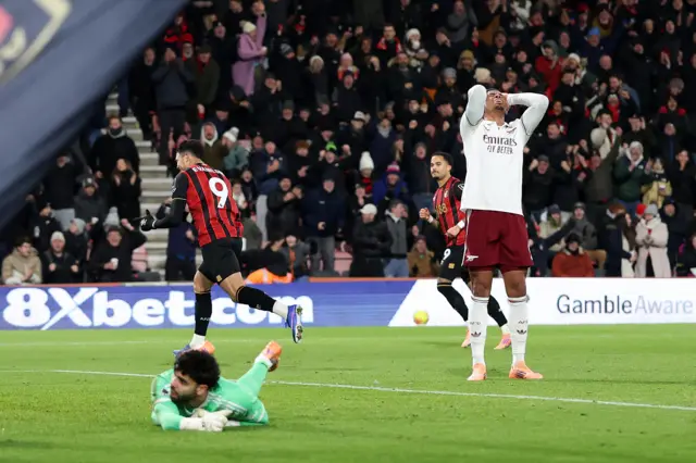 : Gabriel of Arsenal reacts after they concede the opening goal during the Premier League match between Bournemouth and Arsenal at Vitality Stadium on January 03, 2026 in Bournemouth, England.