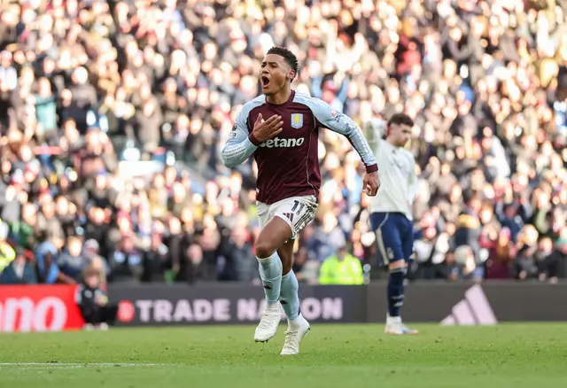 Ollie Watkins of Aston Villa celebrates scoring his team's first goal during the Premier League match between Aston Villa and Nottingham Forest at Villa Park on January 03, 2026 in Birmingham, England.