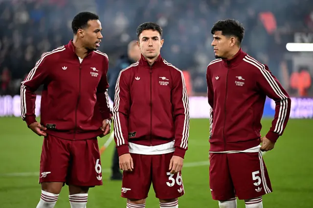 Gabriel, Martin Zubimendi and Piero Hincapie of Arsenal interact