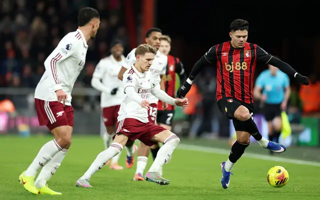 Evanilson of AFC Bournemouth controls the ball whilst under pressure